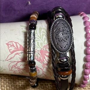 Chic Beaded & Braided Leather Bracelet with Beads & Flower Pendant Bundle (H)